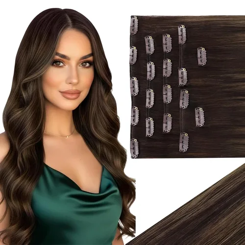 Miniatura 42 de Ve Sunny Extensiones de cabello clip-in de cabello humano real con reflejos, extensiones de cabello con clip para cabello corto, marrón oscuro