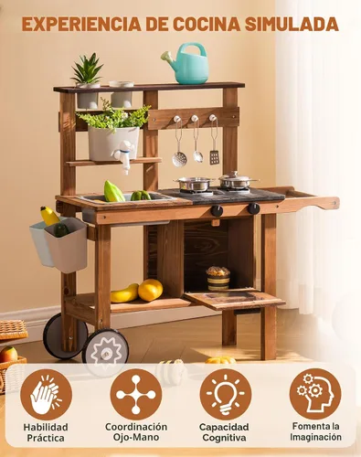 Miniatura 6 de ROBOTIME Cocina de Barro para Niños al Aire Libre con Ruedas, Divertido Juego de Cocina de Madera para Niños para Patio Trasero de Cocina