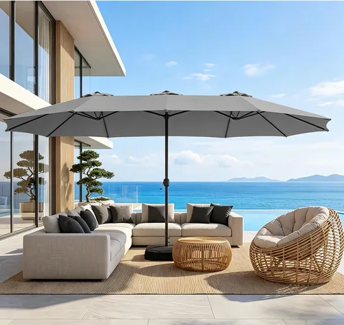 Miniatura 13 de Sombrilla de doble cara para patio de 15 x 9 pies con base y manivela, sombrilla rectangular extragrande para patio, césped y jardín, beige