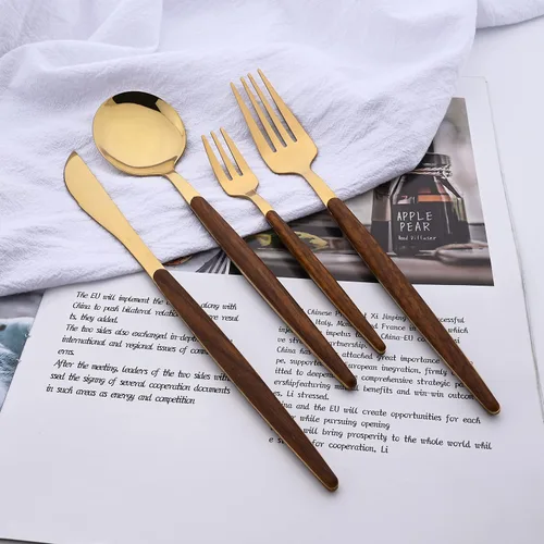 Miniatura 3 de Juego de cubiertos de 16 piezas con tenedor de pastel, juego de cubiertos de acero inoxidable dorado, juego de utensilios de comer con mango