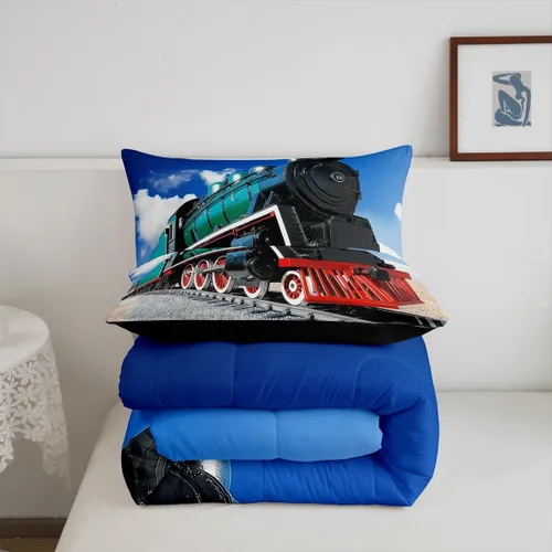 Miniatura 7 de Erosebridal Juego de edredón de tren tamaño individual, juego de ropa de cama de motor de vapor 3D para niños, juegos de edredón de vehículos