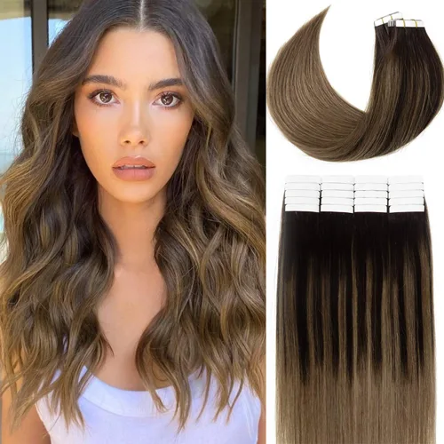 Miniatura 22 de Lacer Extensiones de cabello humano con cinta, cabello humano castaño mezclado con marrón oscuro con raíces de color marrón oscuro, invisible
