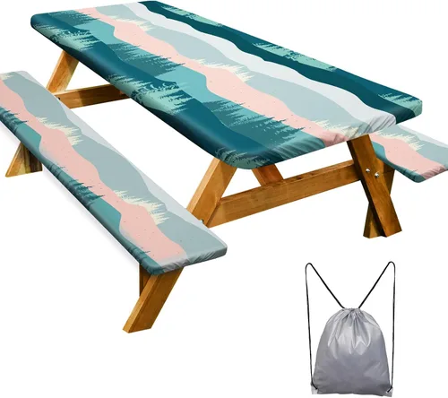 Miniatura 17 de Mantel de mesa de picnic con fundas de banco de 6 pies, 3 piezas, impermeable, resistente al viento, mantel de camping estético con bolsa
