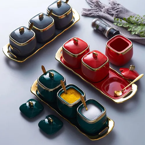 Miniatura 3 de Tazón de azúcar rojo con tapa y cuchara, tarros de cerámica para condimentos y especias con bandeja, tazones para azúcar y sal, juego de 3
