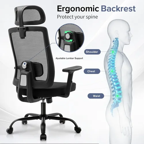 Miniatura 6 de Silla de oficina ergonómica de malla con reposacabezas, cómoda silla de escritorio para sentarse por mucho tiempo, silla de computadora transpirable