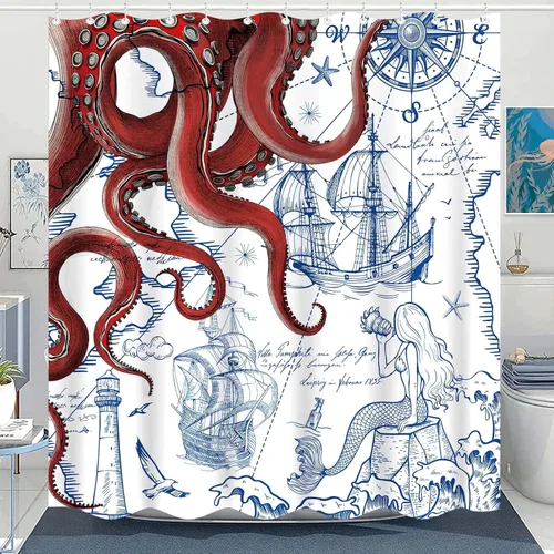 Miniatura 15 de Fungarth Cortina de ducha de pulpo náutico azul, sirena azul marino, divertida cortina de ducha estilo kraken del océano para baño, ancla fresca