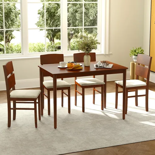Miniatura 9 de Giantex Juego de mesa de comedor de 5 piezas para 4, mesa de comedor rectangular de granja con 4 sillas tapizadas, respaldo alto curvo, patas