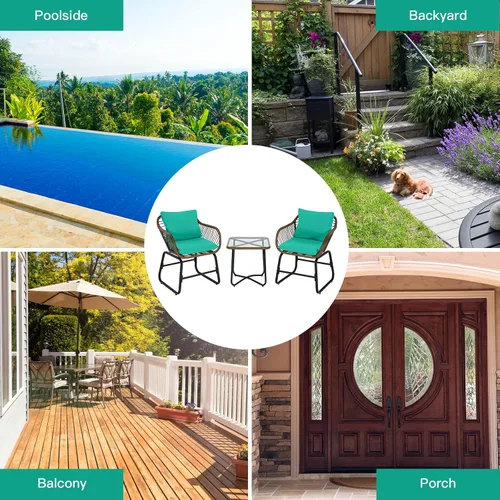 Miniatura 5 de COSTWAY Juego de 3 piezas de ratán para patio, silla acolchada, cubierta de mesa de cristal, turquesa