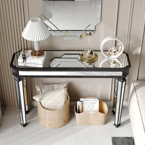 Miniatura 6 de Mesa Consola Negra con Espejo, Mesa de Sofá de Cristal Rectangular de 48 pulgadas con Elementos Tallados Vintage con Espejo, Muebles de Espejo