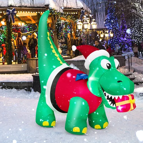 Miniatura 2 de Tangkula Mordedura inflable de dinosaurio de Navidad iluminada de 6 pies, caja de regalo, decoración inflable de Navidad con luces LED y caja
