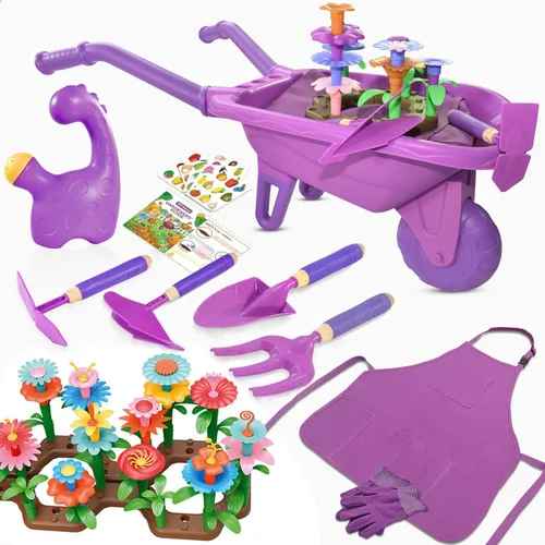 Miniatura 8 de Qtioucp 16 piezas de herramientas de jardinería para niños, juego de juguetes al aire libre con 93 piezas de bricolaje para jardín de flores, Verde