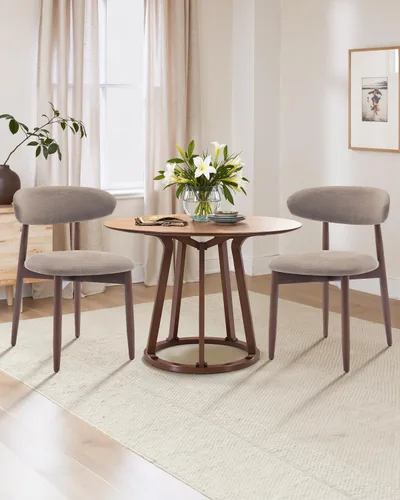 Miniatura 8 de Juego de 4 sillas de comedor, sillas tapizadas de estilo granja, sillas modernas de tela para cocina con patas de madera maciza, color camello