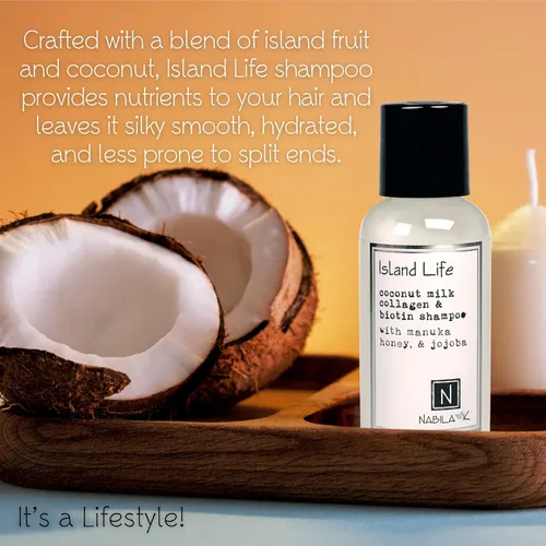 Miniatura 3 de Nabila K Champú de colágeno y biotina, 9 onzas, Island Life, leche de coco, miel de manuka y jojoba, limpiador, hidratante, seguro