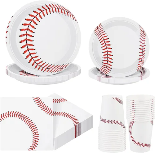 ADXCO Juego de vajilla de 120 piezas para fiesta de béisbol, platos de papel desechables, servilletas, tazas de 7 pulgadas y 9 pulgadas,