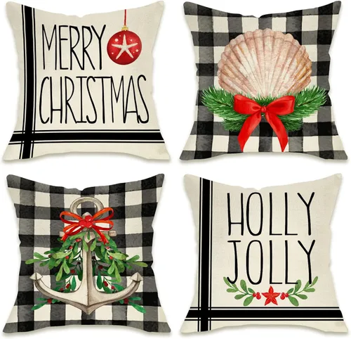 Fahrendom Juego de 4 fundas de almohada decorativas náuticas de Feliz Navidad, 18 x 18 pulgadas, funda de almohada con ancla de Navidad costera de