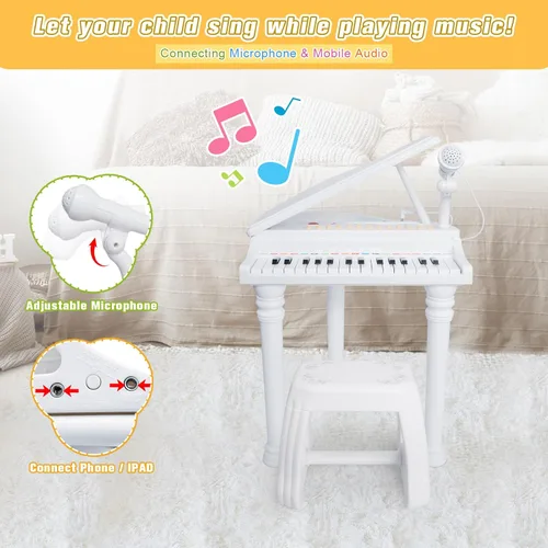 Miniatura 4 de Love&Mini - Teclado/piano electrónico de juguete con 31 teclas como regalo de cumpleaños para niñas bebés de 3 años de edad, con micrófono, taburete