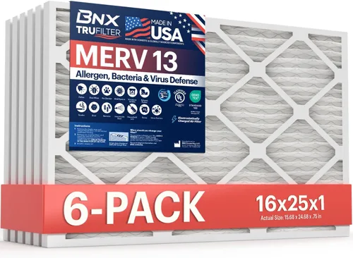 BNX MERV 13 - Filtro de aire plisado electrostático, 16 x 25 x 1 pulgadas (6 piezas), fabricado en EE. UU., filtros de aire HVAC para alergias,