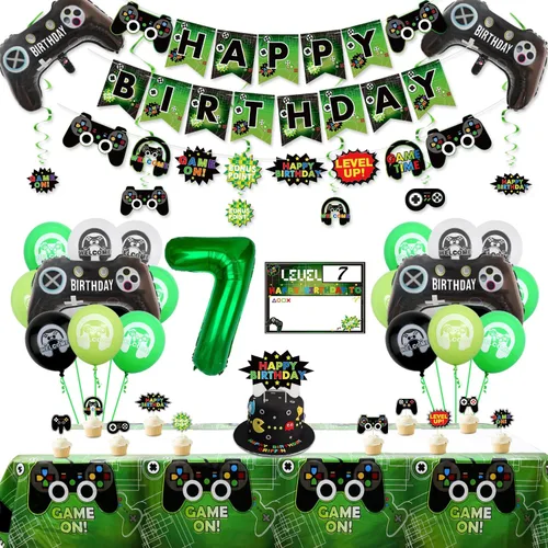 Decoraciones de fiesta de videojuegos – Decoraciones de 7º cumpleaños para niños, pancarta de feliz cumpleaños, mantel de videojuegos, globos con
