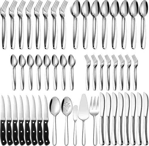 LIANYU Juego de cubiertos resistentes de 53 piezas para 8, además de utensilios de servir y cuchillos para carne, juego de cubiertos de acero