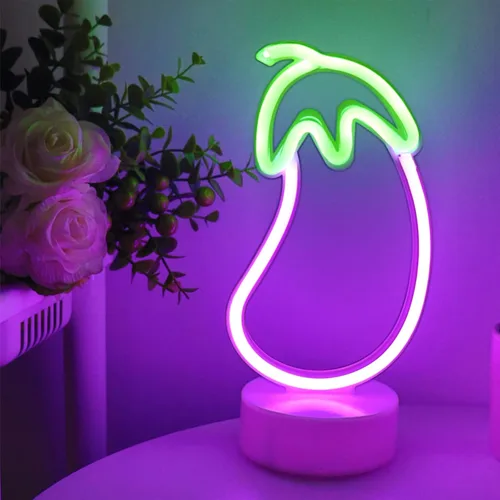 ENUOLI Letrero de neón en forma de berenjena, letrero LED de neón de berenjena para dormitorio, luces de berenjena moradas, lámpara USB / funciona