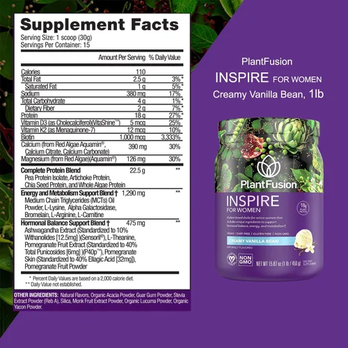Miniatura 6 de PlantFusion Inspire Plant Proteína en polvo para mujeres, proteína baja en carbohidratos en polvo para apoyo muscular magro, keto, sin gluten, sin