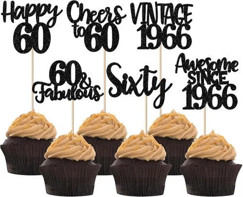 Miniatura 64 de Rsstarxi Paquete de 24 adornos para cupcakes vintage 2019 con purpurina negra para 5º cumpleaños, saludos a 5, cinco, 5, 5 fabulosos para cupcakes