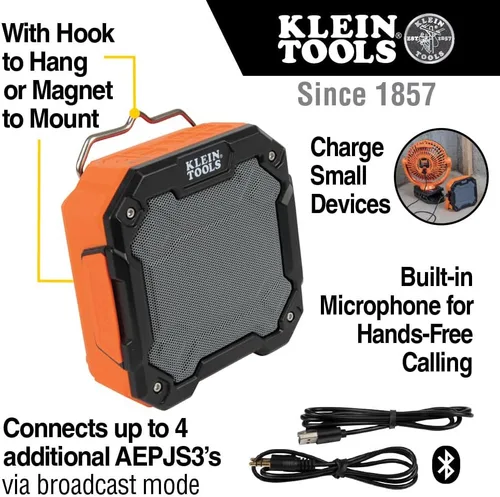 Miniatura 3 de KLEIN TOOLS AEPJS3 - Altavoz Bluetooth para el lugar de trabajo con imán y gancho, 20 horas de tiempo de funcionamiento, carga a través de USB A