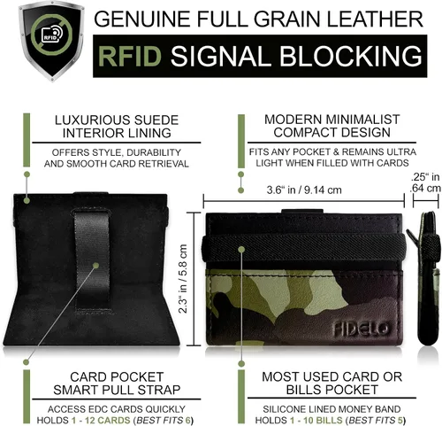 Miniatura 4 de Cartera minimalista para tarjetas de crédito, Fidelo - Cartera delgada para hombre, bloqueo RFID + cuero genuino de grano completo, Borde "Woodland