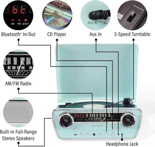 Miniatura 2 de Crosley CR6047A-AB Powel 7-en-1 Tocadiscos Bluetooth con entrada/salida de vinilo, radio AM/FM, reproductor de CD y entrada auxiliar, Azul Aqua