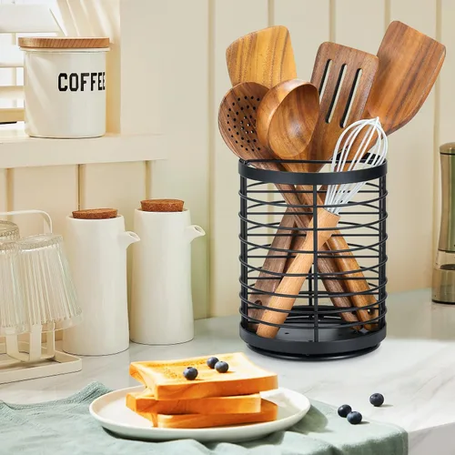 Miniatura 6 de Soporte giratorio de 360° para encimera de cocina, 5.9 x 5.9 x 7.8 pulgadas, soporte redondo grande para utensilios de cocina con base de madera