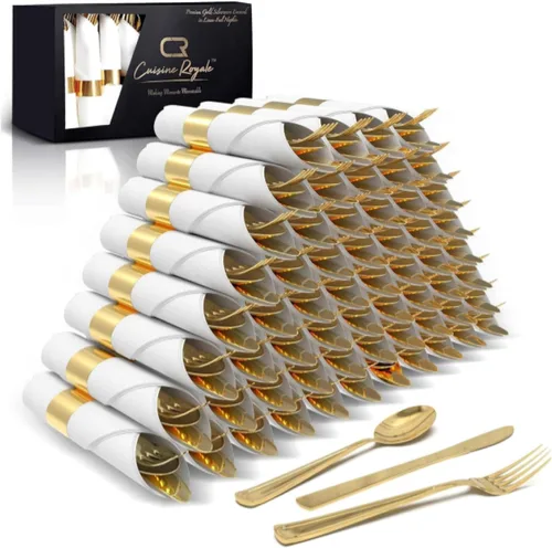 Prestee Juego de cubiertos de plástico dorado de 200 piezas para 50 invitados, juego de cubiertos preenrollados de alta calidad con servilletas,