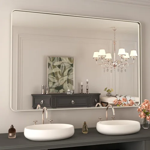 Miniatura 62 de WEER - Espejo de baño dorado, espejo de 40x32 pulgadas con marco de metal dorado cepillado, espejo de tocador de baño de oro para pared