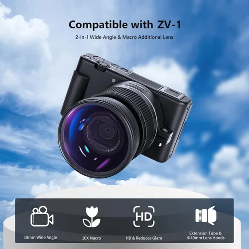 Miniatura 2 de NEEWER Lente gran angular compatible con cámara Sony ZV1, 2 en 1 HD gran angular de 0.709 in y lente adicional macro 10x con tubo de extensión, Negro