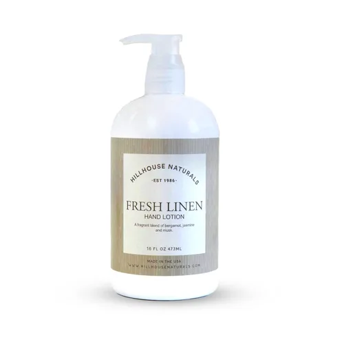 Hillhouse Naturals Loción de manos Freesh Linen de 16 onzas. Con una mezcla de limón y naranja entretejida con bergamota, rosa, jazmín y almizcle.