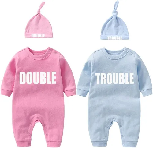 YSCULBUTOL Conjunto de mameluco para bebé gemelos, divertido doble problema, lindo mameluco para niña, mono gemelo, conjunto de sombrero