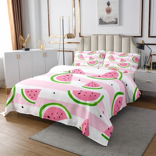 Miniatura 2 de Manfei Colcha de sandía, tamaño Queen, colcha acolchada con estampado de frutas Kawaii con 2 fundas de almohada, juego de colcha de rayas rosas