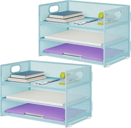 Miniatura 8 de Marbrasse Bandeja organizadora de papel de 3 niveles, organizador de archivos de malla con asa, organizador de escritorio clasificador de papel