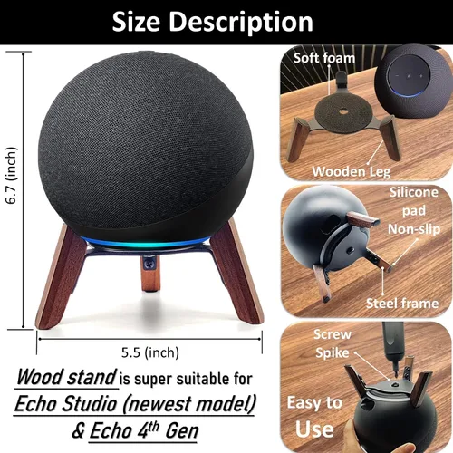 Miniatura 3 de Soporte de madera real para Echo Studio (nuevo modelo) 2025, Echo (4ª generación), altavoz casero, soporte de trípode de escritorio protege Alexa