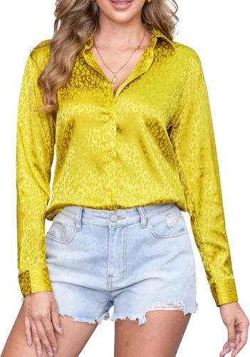 Miniatura 11 de CUNLIN Camisas de satén de seda suave con botones de leopardo para mujer, camisa de trabajo de manga larga de seda, blusas de vestir, tops