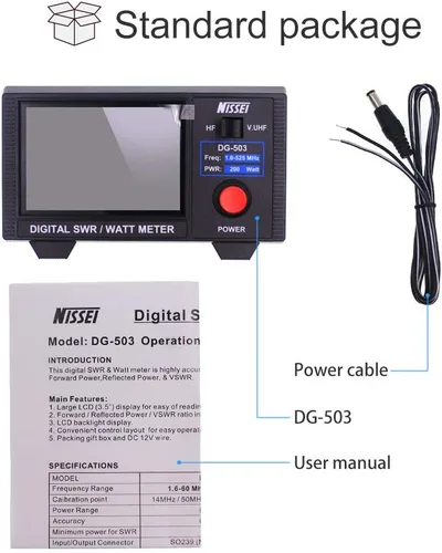 Miniatura 7 de NISSEI DG-503 - Medidor de potencia RF digital LCD de 3.5" SWR VSWR de onda corta HF 1.6-60MHz y VHF/UHF 125-525MHz 1-200W para radio de dos vías