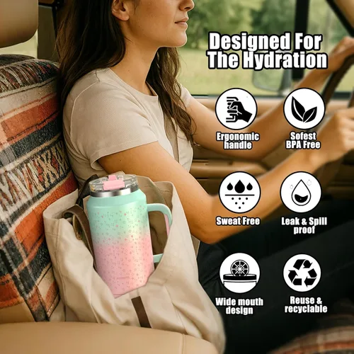 Miniatura 8 de Hydraful Vaso de 64 onzas con asa y pajilla, 100% a prueba de fugas, vaso aislado reutilizable, botella de agua grande de acero inoxidable, taza