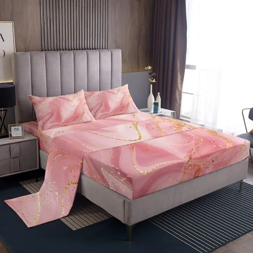 Miniatura 10 de Erosebridal Juego de sábanas de mármol rosa dorado para niños y niñas, juego de sábanas de mármol metálico, sábanas con textura de mármol degradado