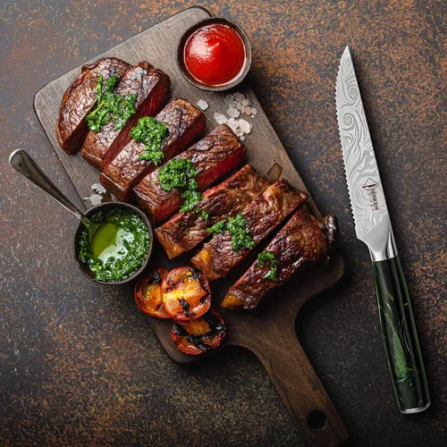 Miniatura 5 de SENKEN - Juego de cuchillos profesionales para carne con hermoso patrón grabado, colección Wasabi, acero de alto carbono dentado afilado y mango