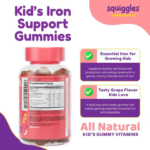 Miniatura 5 de Squiggles Kids Daily Iron+ Gummies - Suplemento masticable con hierro, multivitamínico para niños, bajo en azúcar, vegano, gomitas para niños