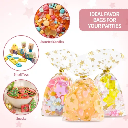 Miniatura 5 de 100 bolsas de celofán, bolsas de celofán transparente impresas con estrellas doradas de 3 x 5 pulgadas, 100 lazos giratorios, para envolver regalos