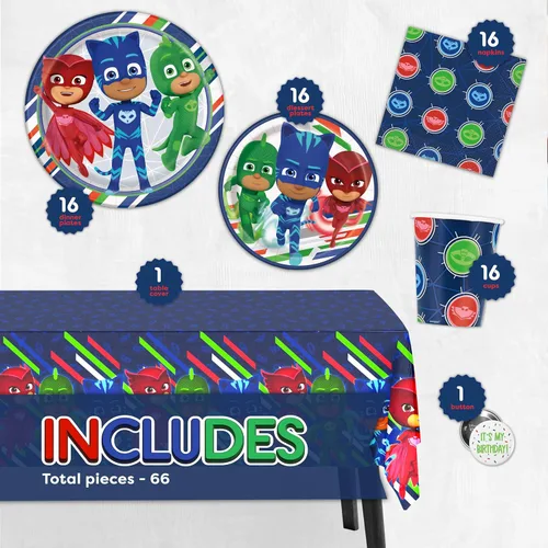 Miniatura 2 de PJ Masks - Juego de suministros para fiesta de cumpleaños, decoración, cubierta de mesa, platos, vasos, servilletas y botón para 16 invitados, niños