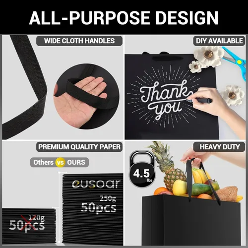 Miniatura 3 de EUSOAR Bolsas pequeñas negras para envolver regalo, paquete de 50 bolsas de compras de 5.9 x 2.3 x 7.8 pulgadas con asas a granel, bolsas de Negro