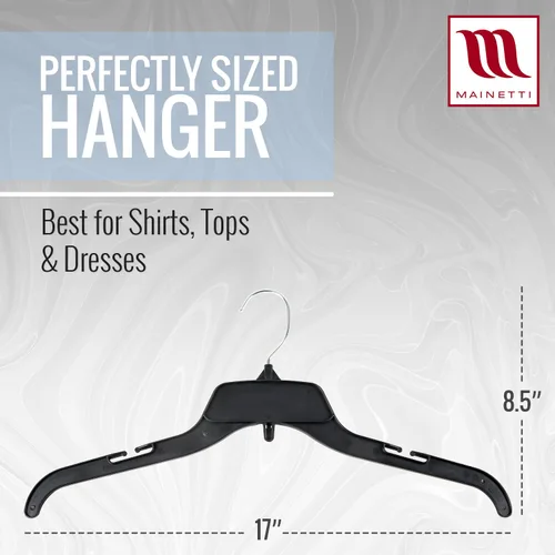 Miniatura 3 de Mainetti 485 - Ganchos de plástico negro con garfio giratorio de metal y muescas para tirantes, ideal para camisas, tops y vestidos, miden 38 cm