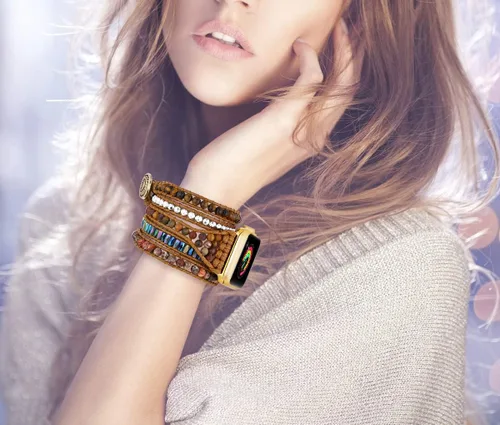 Miniatura 2 de Pulsera bohemia con cuentas compatible con correas de Apple Watch para mujer, hecha a mano con piedra natural, multicapa, correa bohemia con cuentas