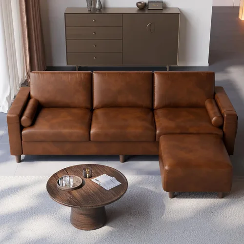 Miniatura 8 de Vesgantti Sofá de piel sintética de 100 pulgadas con otomana móvil, asiento ancho en forma de L, sofá de piel sintética con bolsillo lateral, cómodo